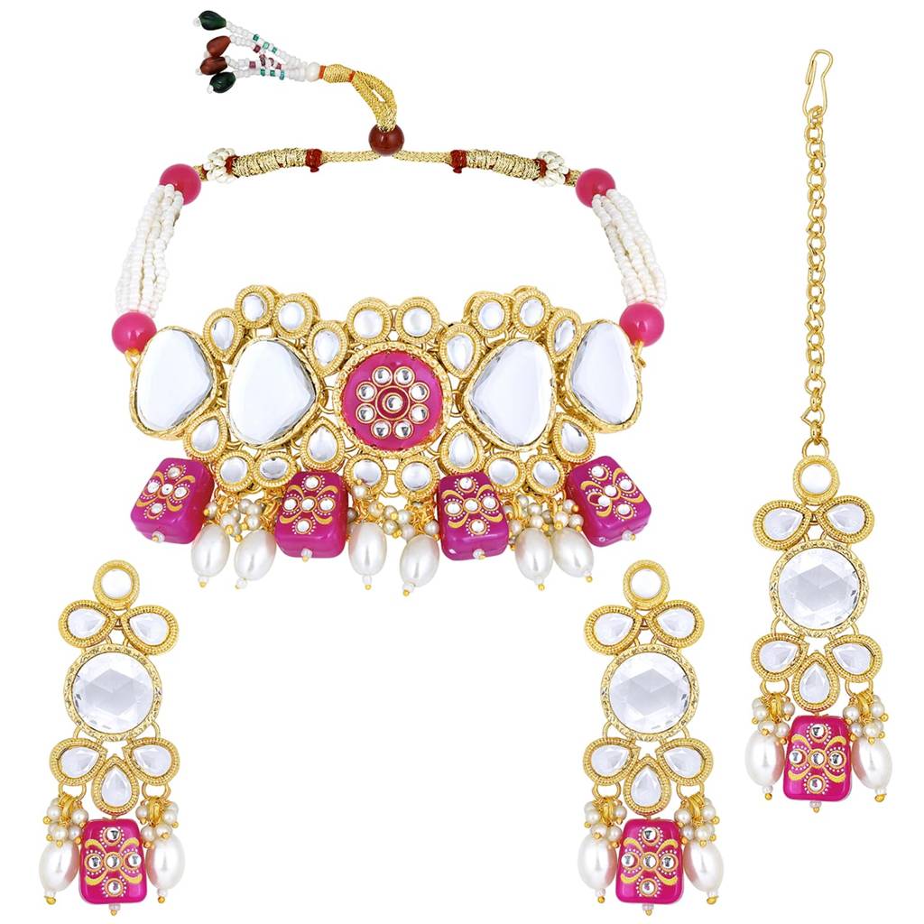 Gold Plated Kundan Beads Studded Choker Necklace Dangle Earrings & Maangtikka Set Ethnic Fashion Jewellery Gift F : PF25N080RP