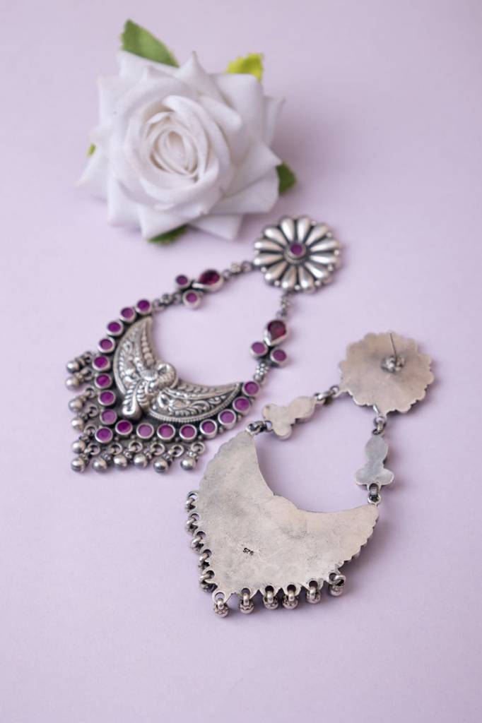 Tattva Peacock Motif Flower Embossed Jadau Statement Earring : SE90685