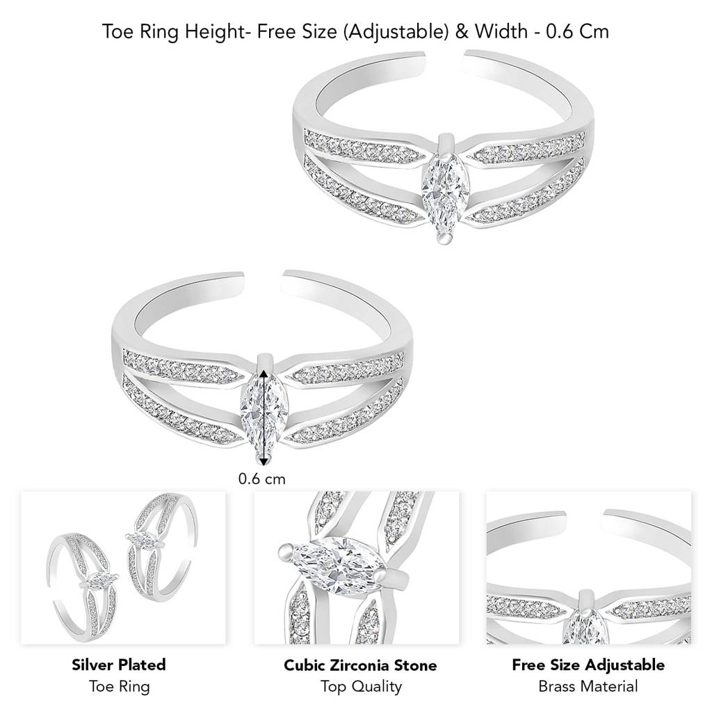 Silver Plated White Cubic Zirconia Studded Fancy Toe Ring Adjustable Bichiya Fashion Jewellery Gift For Women & Gi : PF30TR22S