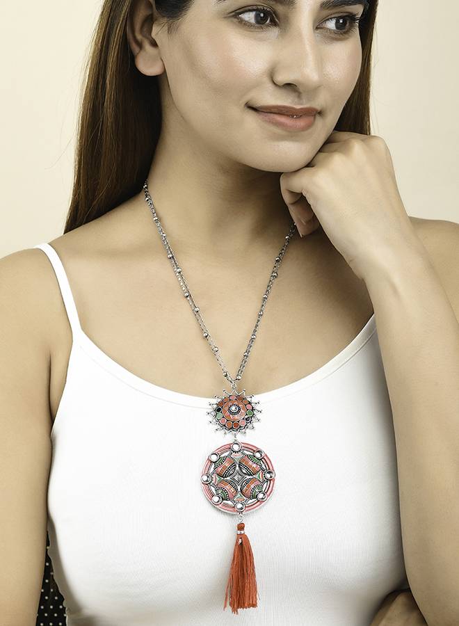 Folklore Red Enamel Tassel Drop Necklace : 8905124477559