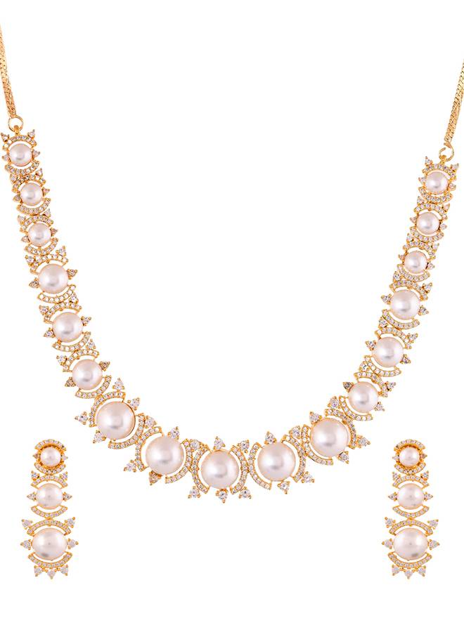 Sparkling Elegance Pearl Elegance American Diamond Necklace Set : 8905124527285