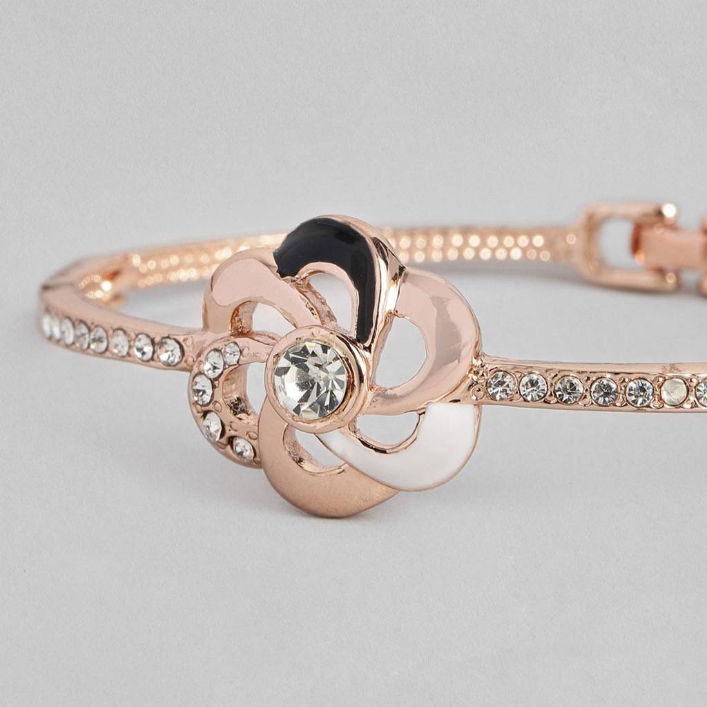 Estele Rosegold Plated Flower Designer Cuff Bracelet With Black, White Enamel & Crystals For Women : 101871BR