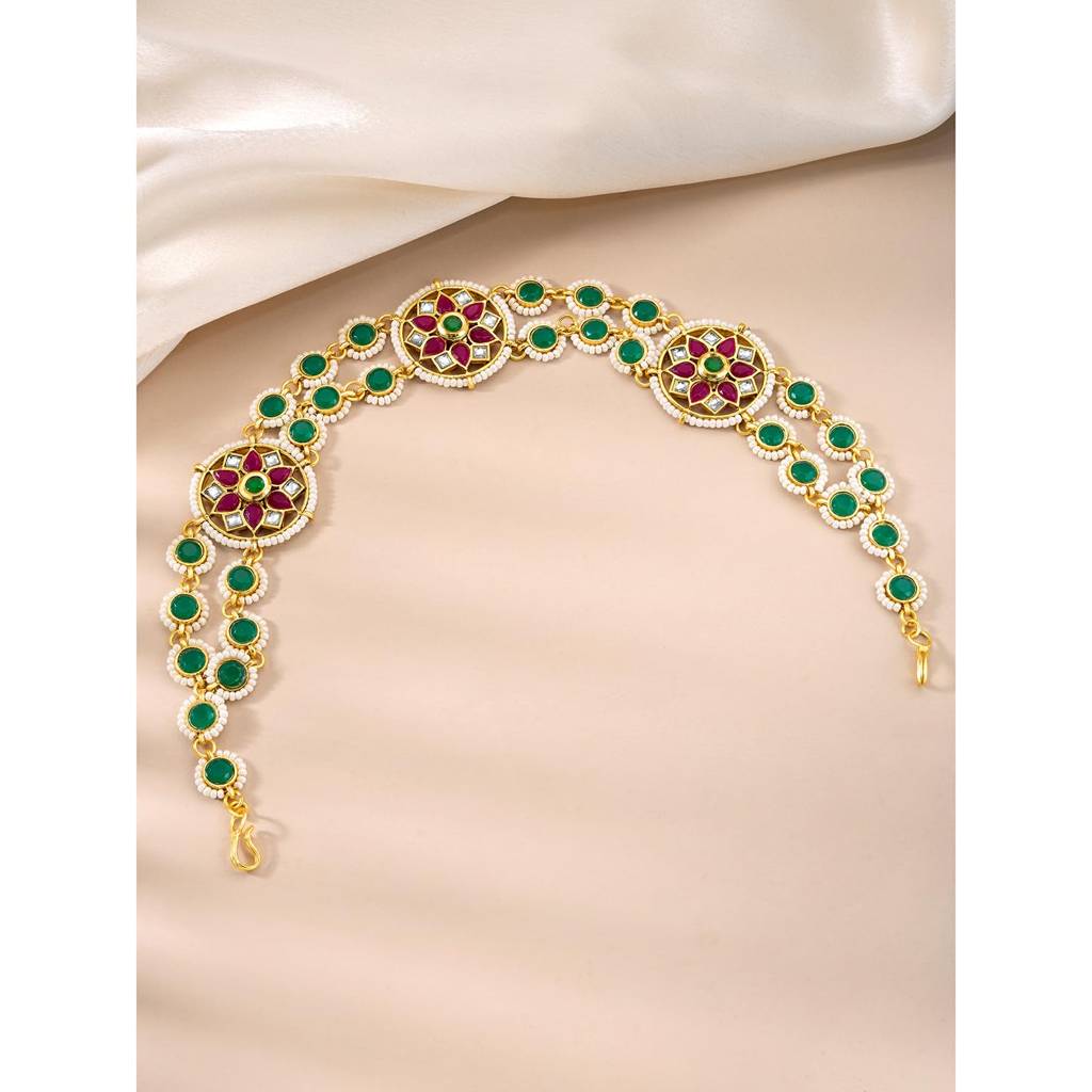 Gold Plated Rani Pink Green Synthetic Stone & Beads Studded Sheeshphool Matha Patti Sheeshpatti Hair Ethnic Jewe : PF104T05RPG