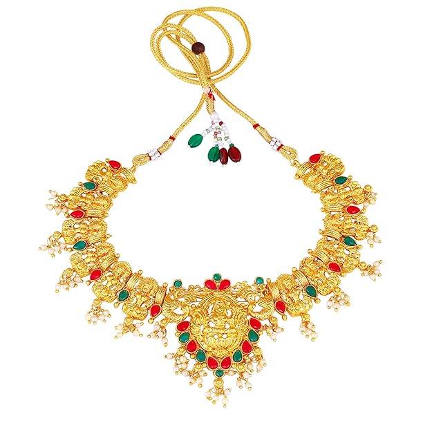 Estele Gold Plated Divine Laxmi Devi Gehena Necklace Set With Multi-Color Stones For Women : PJ-019-IGRBGNNKER