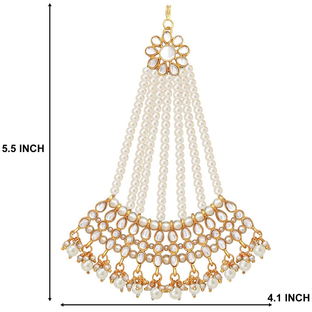 Gold-Plated & White Kundan Pearl Studded & Beaded Jhumar Passa Womens Jewellery : PF28TK606W