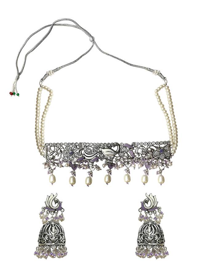 Filigree Design Silver Toned Round Faux Pearls Jewellery Set : 8905124444728