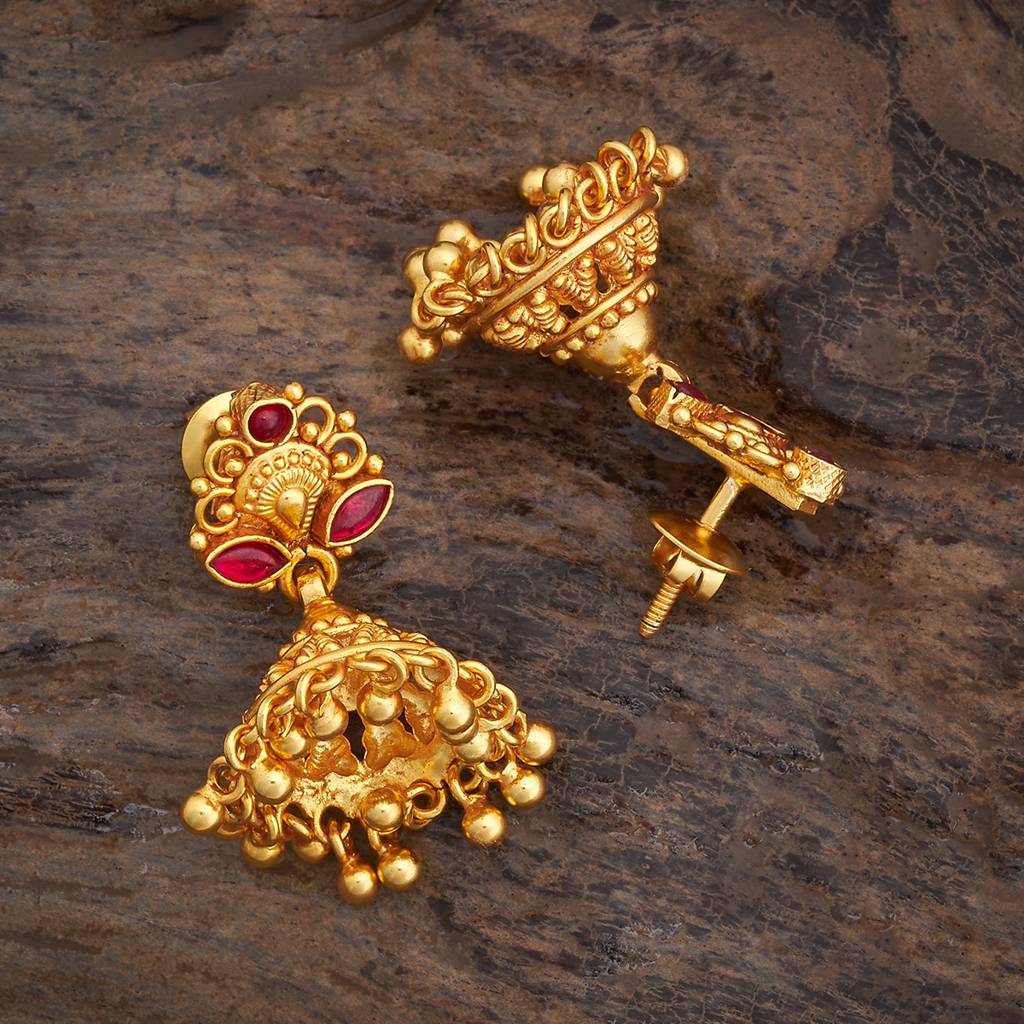 Ruby Gold-Plated Ethnic Pure Silver Temple Jhumkas-431265 : 431265