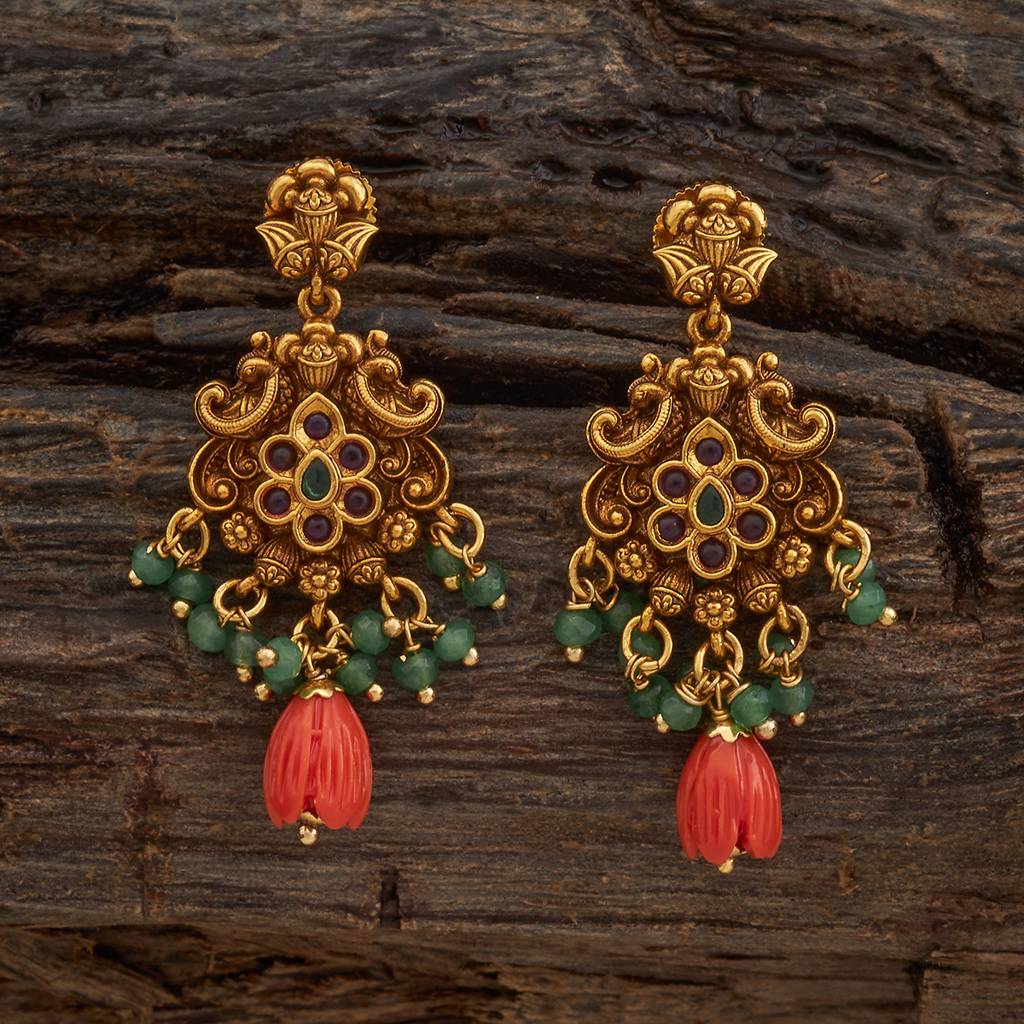Kushal'S Fashion Jewellery Ruby-Green Gold-Plated Ethnic Antique Earring Drop Earrings-185207 : 441954