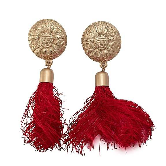 Estele Gold Plated Designer Egyptian Red Tassel Earrings For Women : 687709-IGER