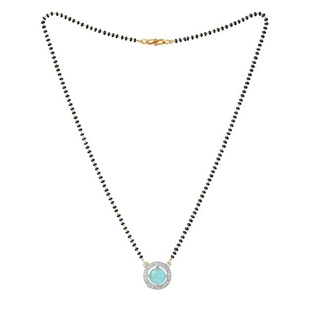 Gold & Rhodium Plated Fashionable Circular Pendant Mangalsutra Chain With Black Beads & Mint Green Crysta : OSAKMS013-2TNMGNK