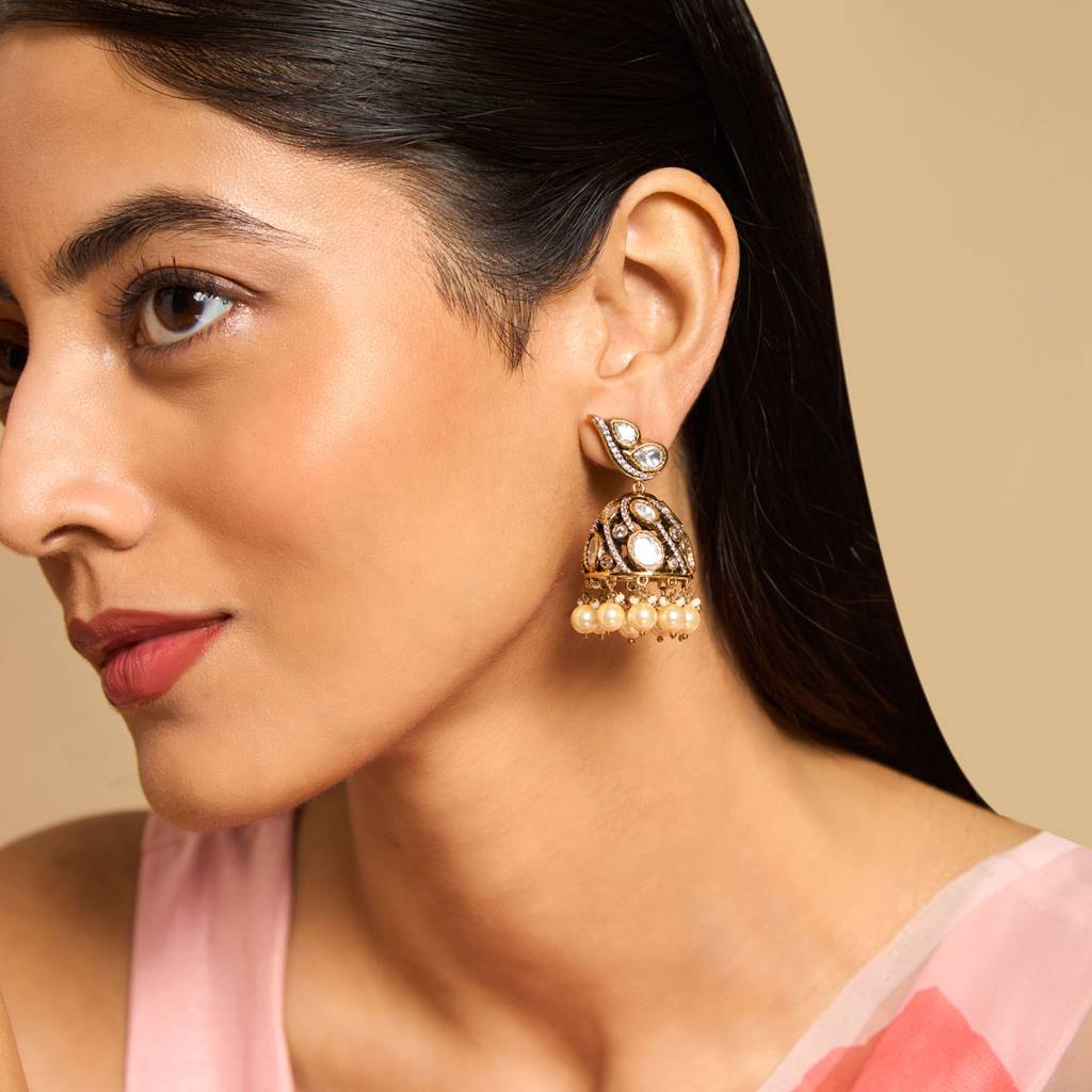 Kushal'S Fashion Jewellery White Victorian-Plated Ethnic Kundan Jhumkas-173003 : 415242