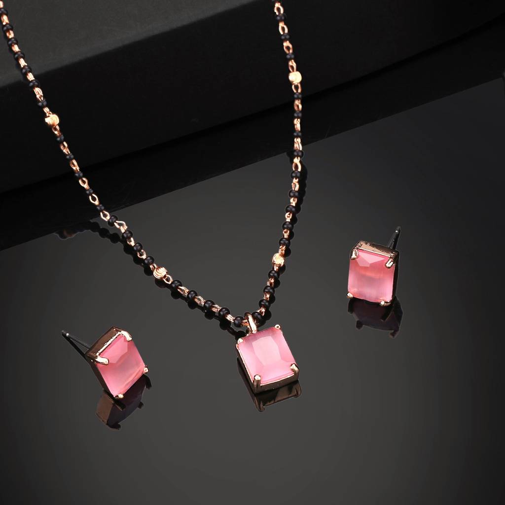 Estele Rose Gold Plated Cz Mangalsutra Necklace Set With Mint Pink Stones For Women : ADMS039-RGMPNKER