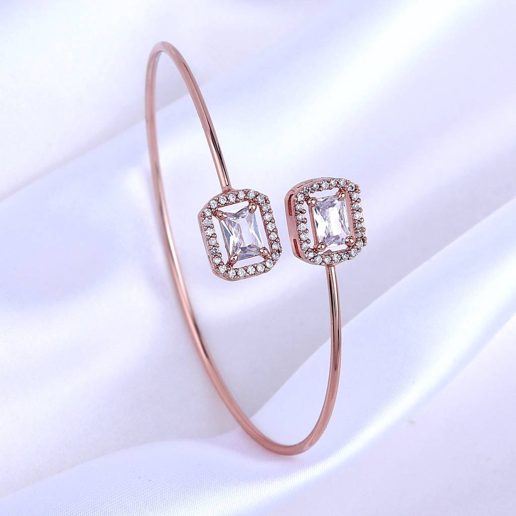 Estele Rosegold Plated Gleaming White American Diamonds Adorned Square Design Lightweight Cuff Kada Bracelet F : AD-091-RGWEBR