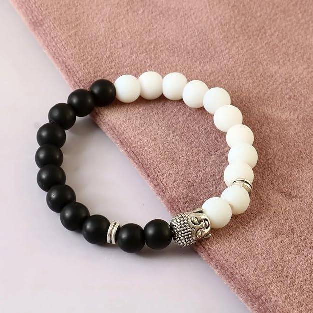 Gehena By Estele Elegant Dual-Tone Black & White Matte Beaded Bracelet: Stretchable Wristband With Silver B : OSAK012-IRWEBKBR