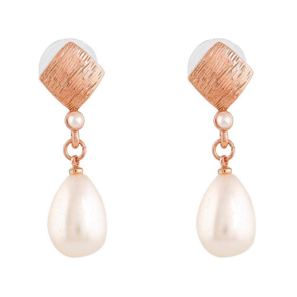 Estele Rosegold Plated Textured Pearl Drop Earrings For Girls And Women : 594703-RGER