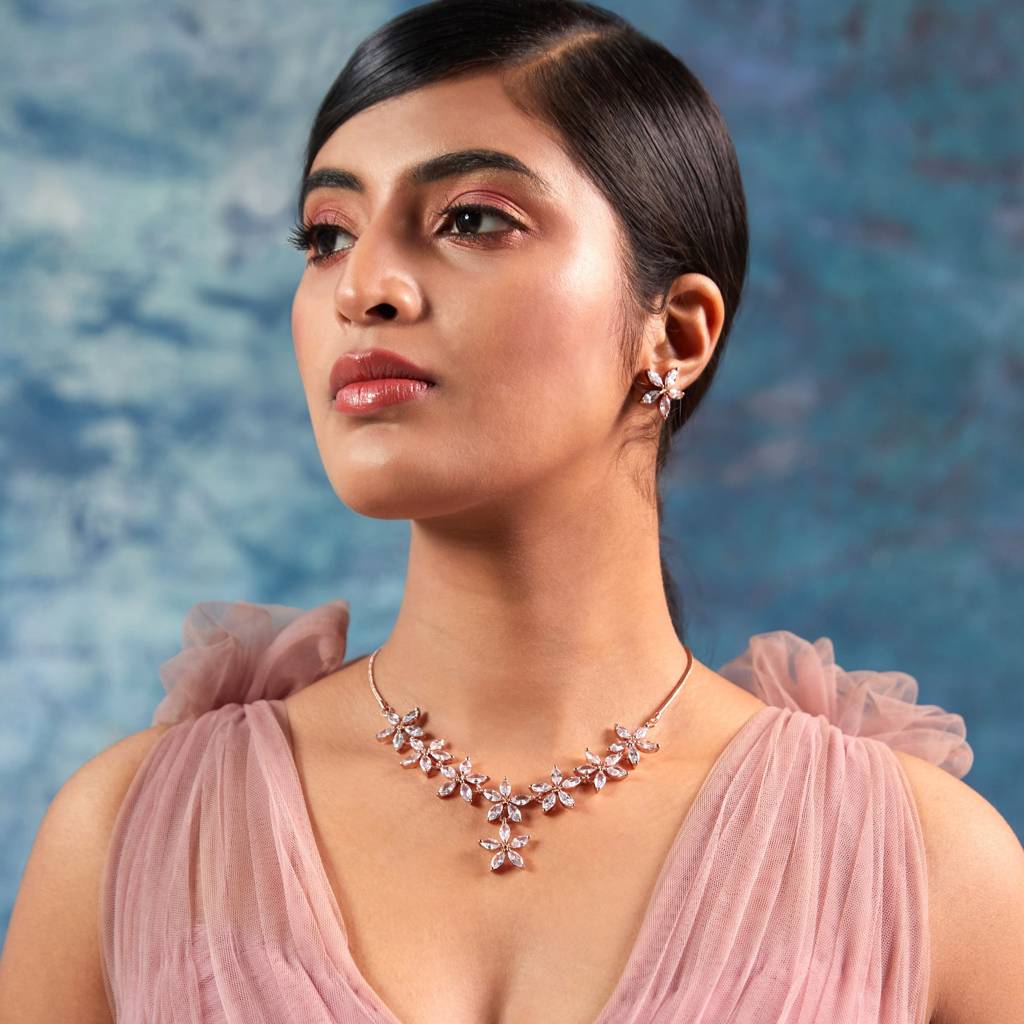 Estele Rosegold Plated Cz Marquise Star Necklace Set For Women : AD-288-RGNKER