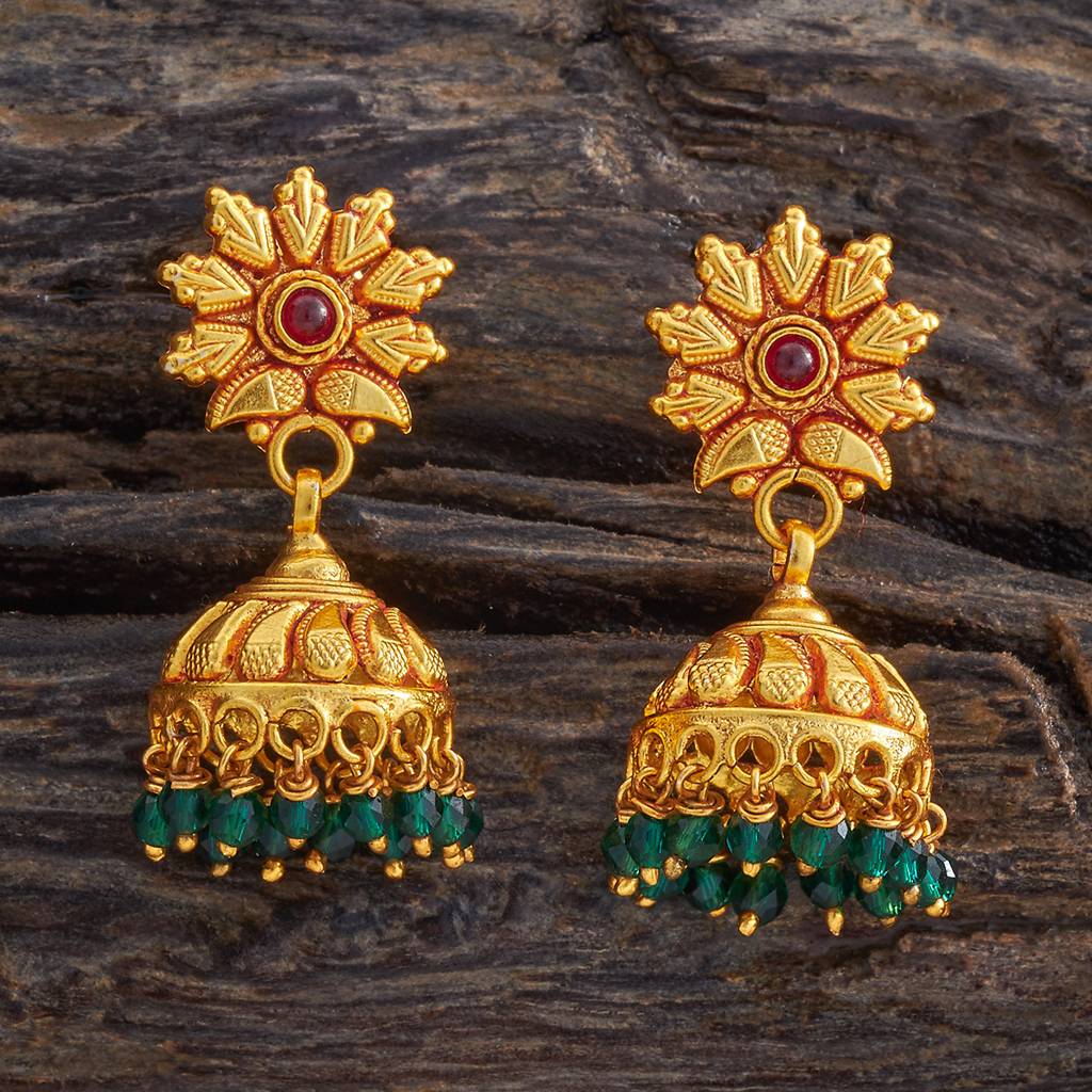 Kushal'S Fashion Jewellery Ruby-Green Gold-Plated Ethnic 92.5 Pure Silver Temple Jhumkas-174154 : 417977