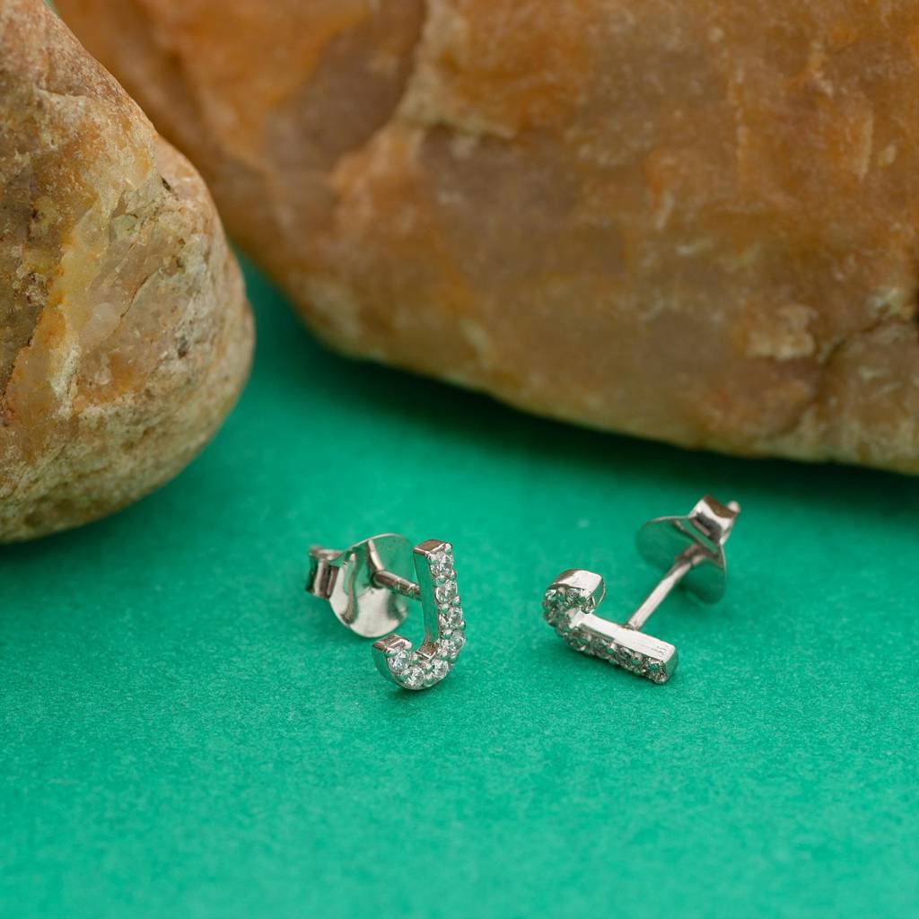 925 Silver J Initial Stud Earrings | Tiny Cz Alphabet Letter Earrings Personalized Gift : SE_000706
