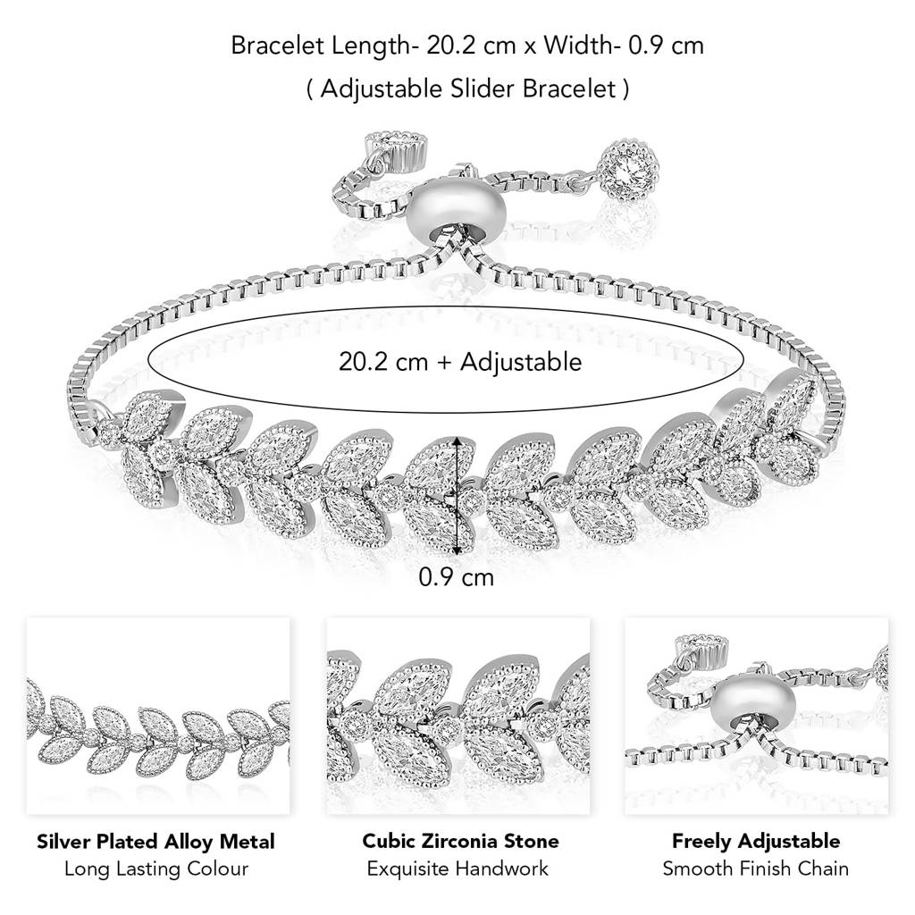 Silver Plated Cubic Zirconia Studded Adjustable Floral Bracelet Contemporary Jewellery For Women & Girls : PX8B88S