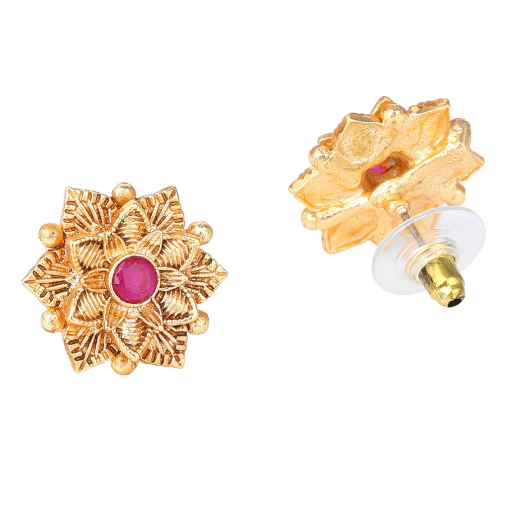 Estele Gold Plated Flower Designer Matte Finish Stud Earrings With Ruby Crystals For Women. : AD-116715-IGRBER