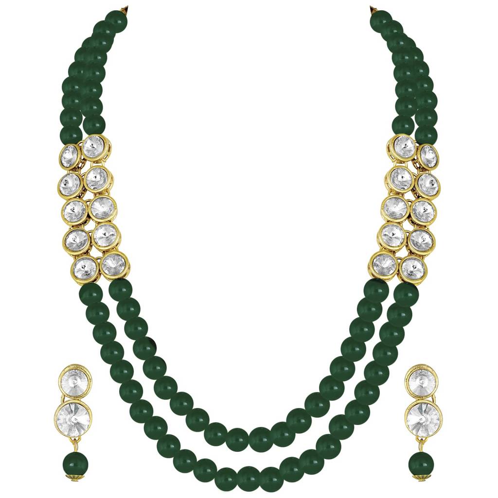 Gold Plated Crystal Pearl Long Necklace With Earring Traditional Jewellery Set For Women Girls : PF24N217G