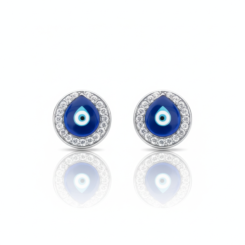 Teardrop Blue Enamel Evil Eye Stud Earrings : TGDEE-5-Y
