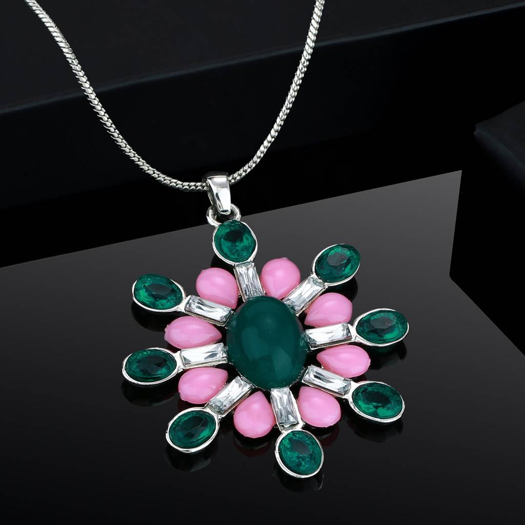 Estele Rhodium Plated Flower Shaped Pendant With Crystals For Women : 882-IGPENDANT