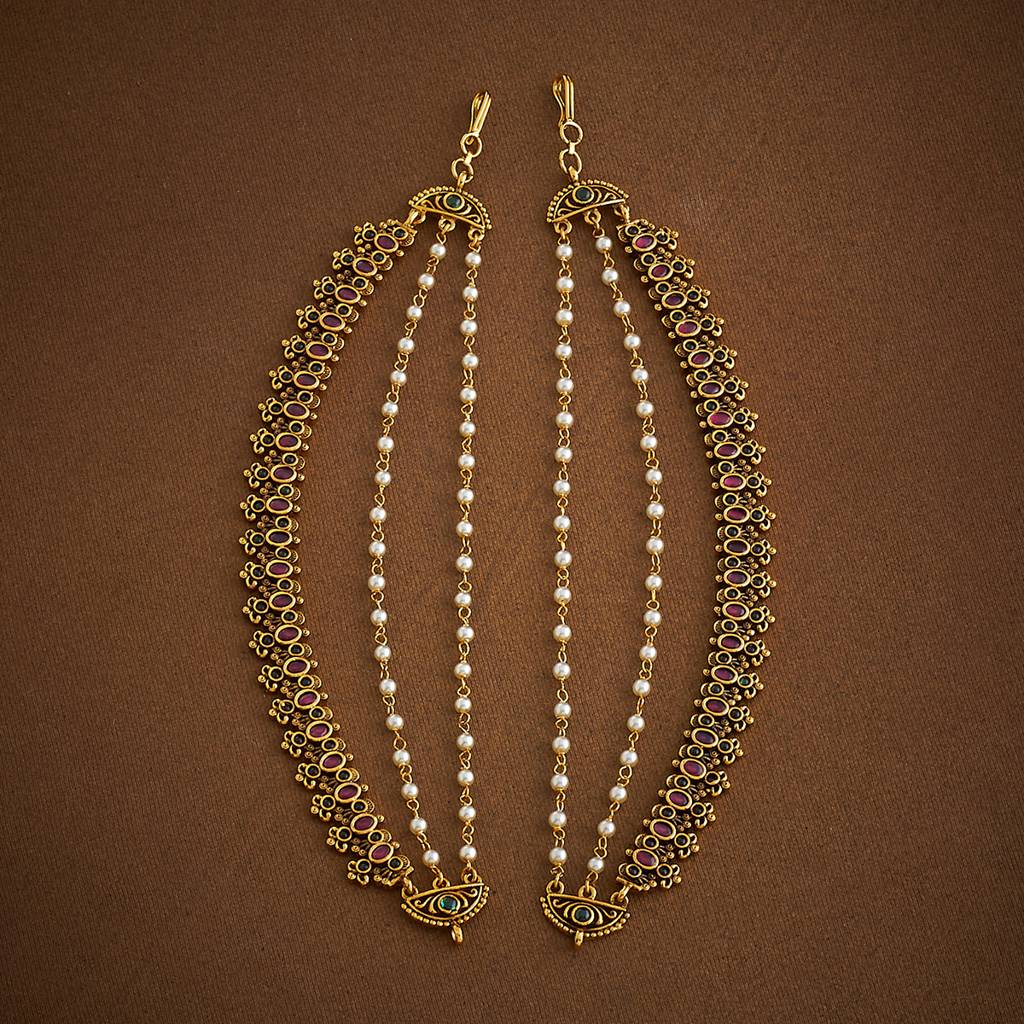 Ruby-Green Gold-Plated Ethnic Antique Hair Matil  -412984 : 412984