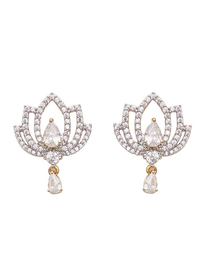 Sparkling Elegance Floral Motif Zircons And Faux Pearls Silver Plated Earrings : 8905124464313