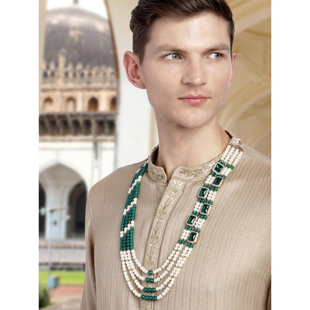 Gold Plated White Green Beads Studded Ethnic Sherwani Haar Maala Necklace Traditional Fancy Groom'S Jewellery Gift : PF31MN04G