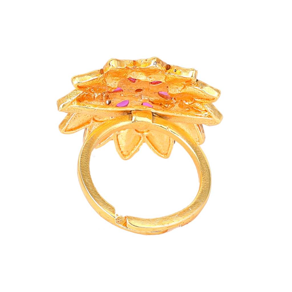 Estele Gold Plated Flower Designer Matte Finish Finger Ring With Ruby Crystals For Women. : AD-148-IGRBRING