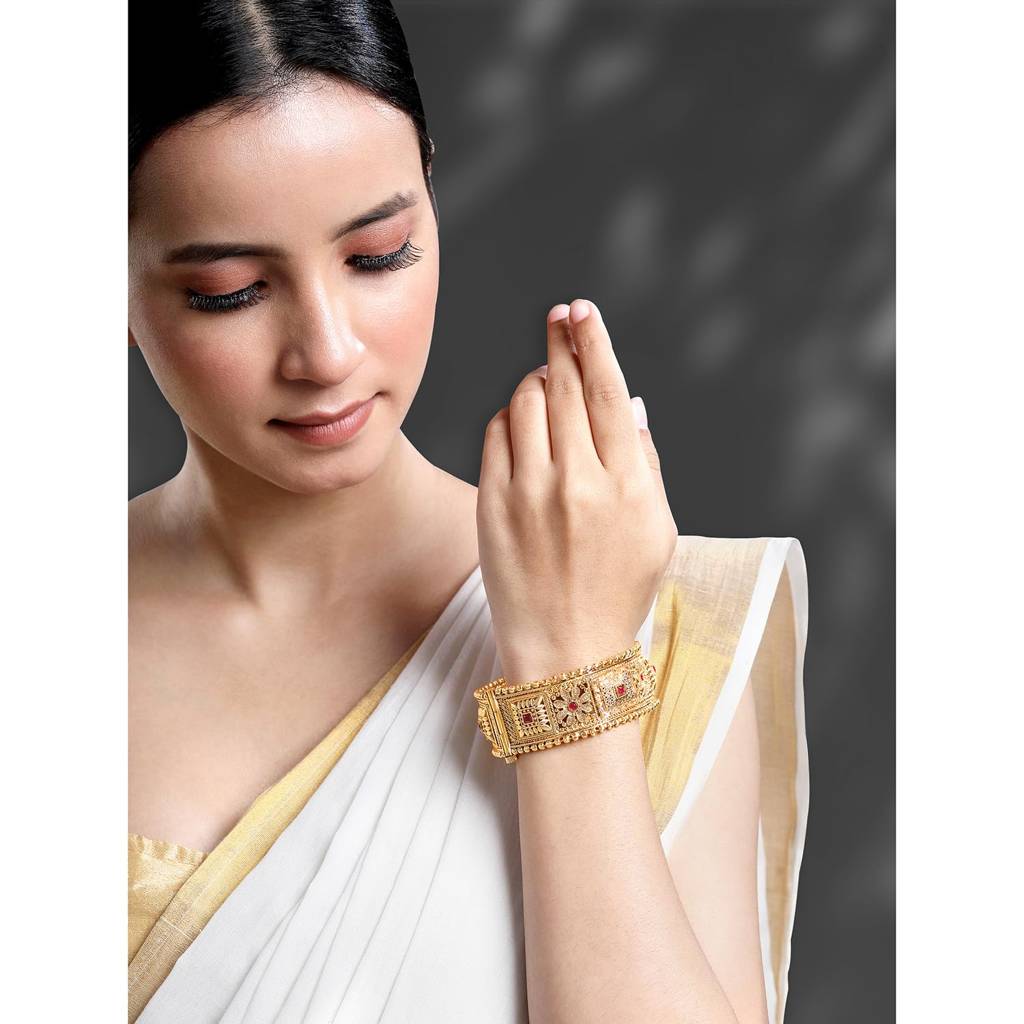 Gold Plated Synthetic Stone Studded Thick Single Piece Openable Bangle Kada Traditional Jewellery For Women (S : PF74B107-S1-6