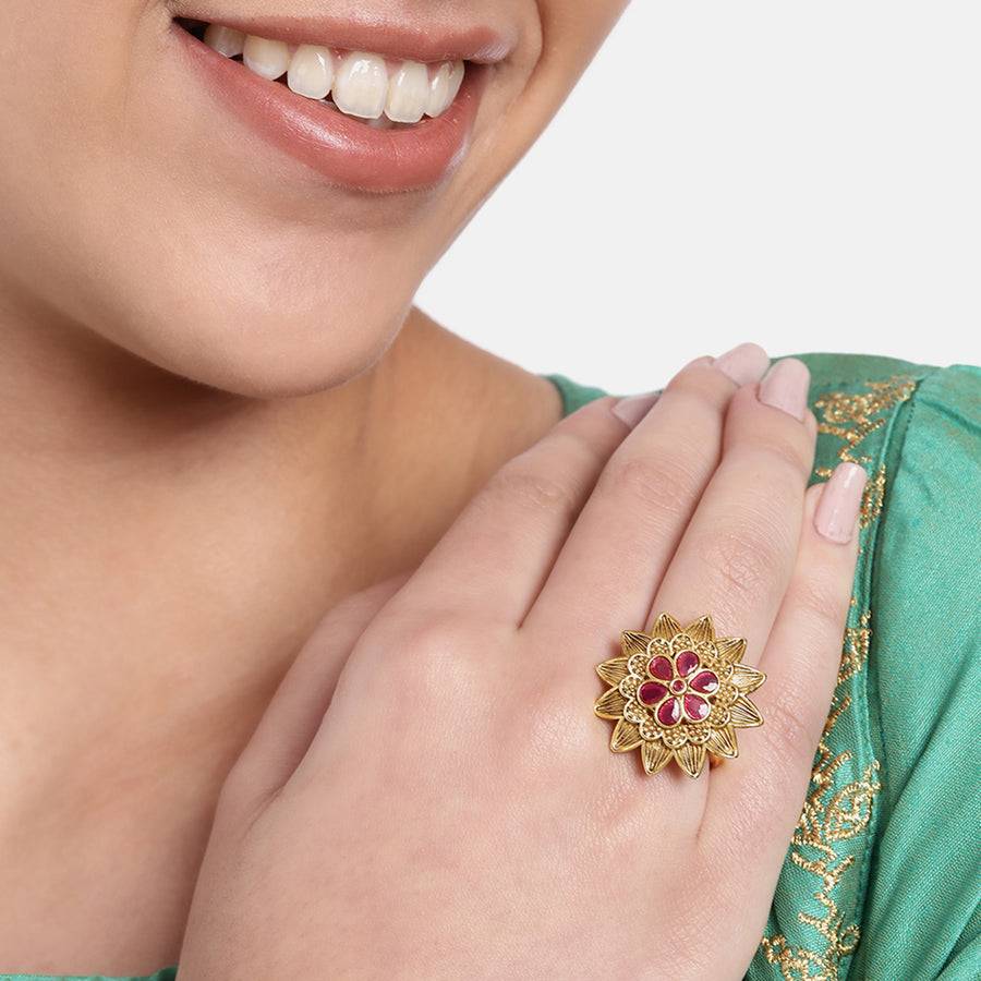 Estele Gold Plated Flower Designer Matte Finish Finger Ring With Ruby Crystals For Women. : AD-148-IGRBRING
