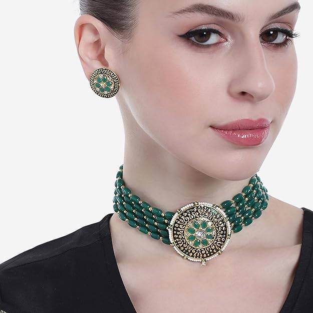 Estele Gold Plated Fascinating Designer Gehena Necklace Set With Green Beads For Women : PJ-022-IGGNNKER