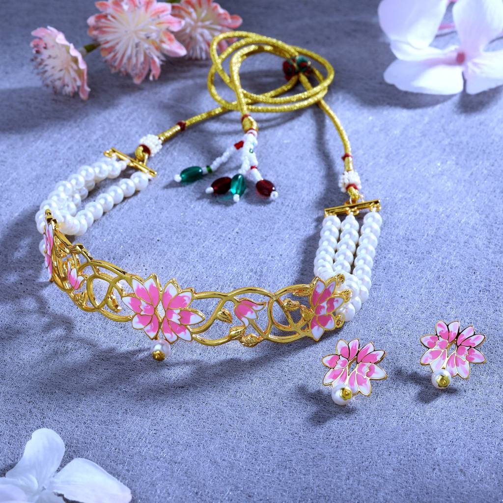 Estele Gold Plated Latest Lotus Designer Pearl Choker Necklace Set With Pink Enamel For Girl'S & Women : 10189-IGNKER