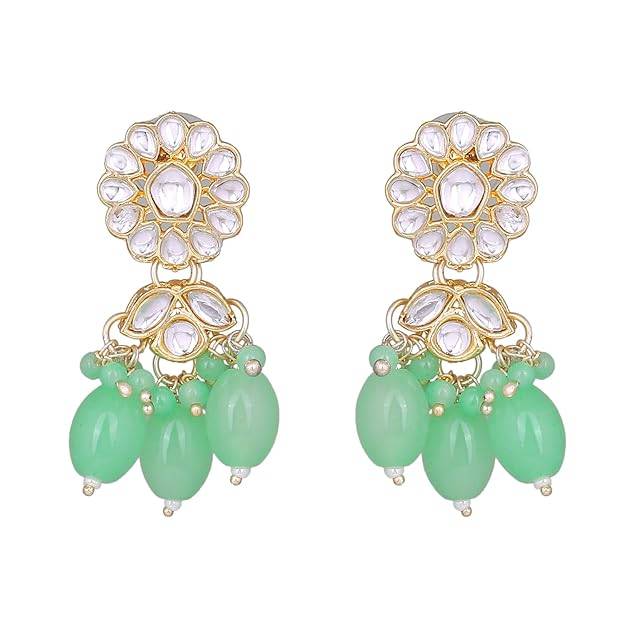 Estele Gold Plated Flower Designer Gehena Drop Earrings With Mint Green Beads For Women : PJ-003-IGMGER