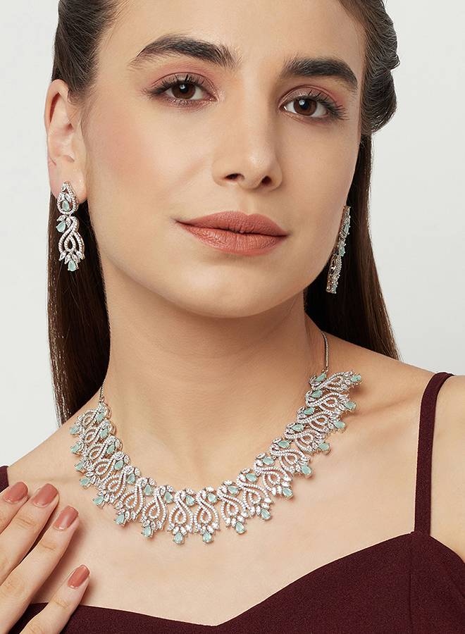 Pear Cut Cz Adorned Silver Plated Brass Floral Jewellery Set : 8905124453409