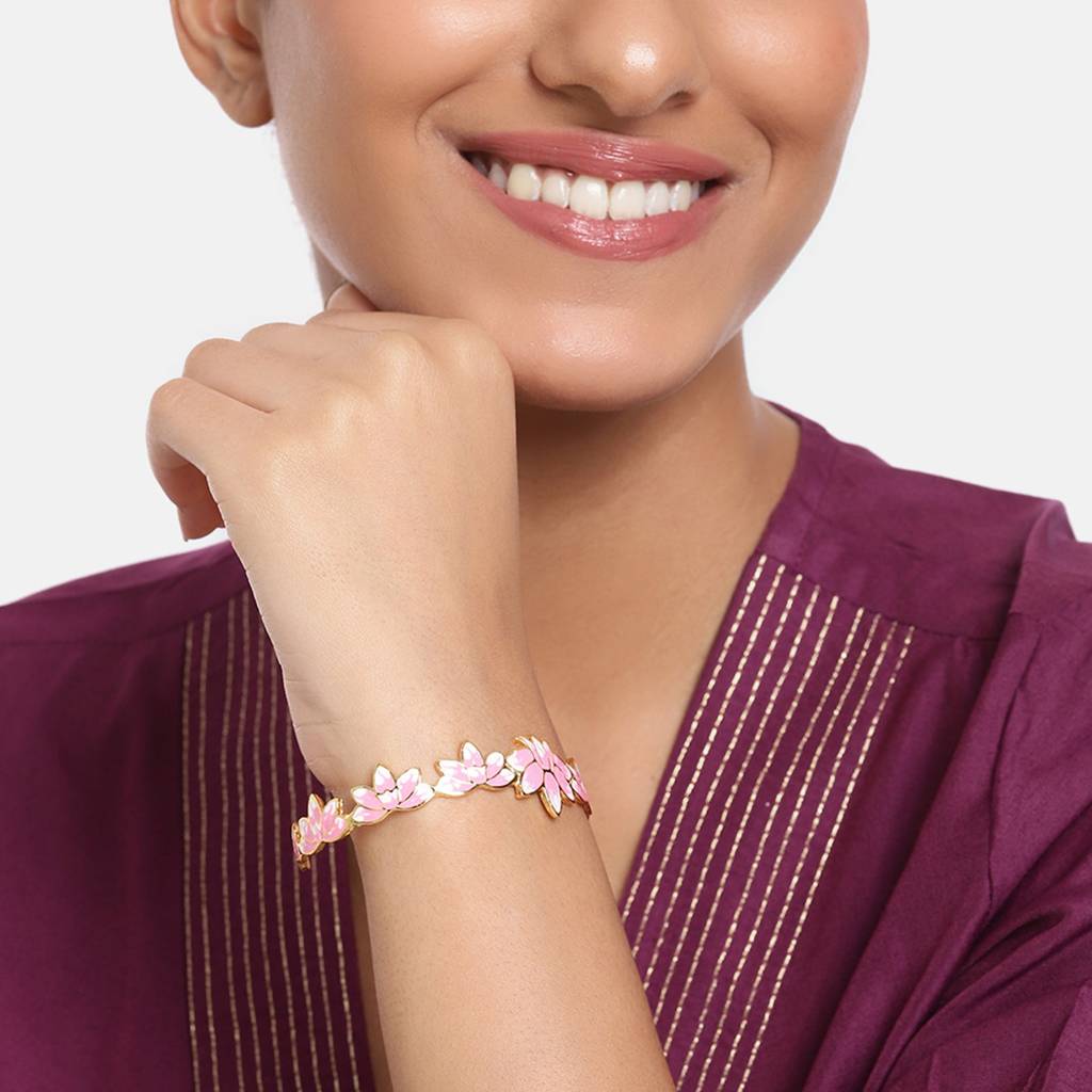 Estele Gold Plated Pink Enamel Lotus Designer Appealing Cuff Bracelet For Girl'S & Women : AD-062-IGBR