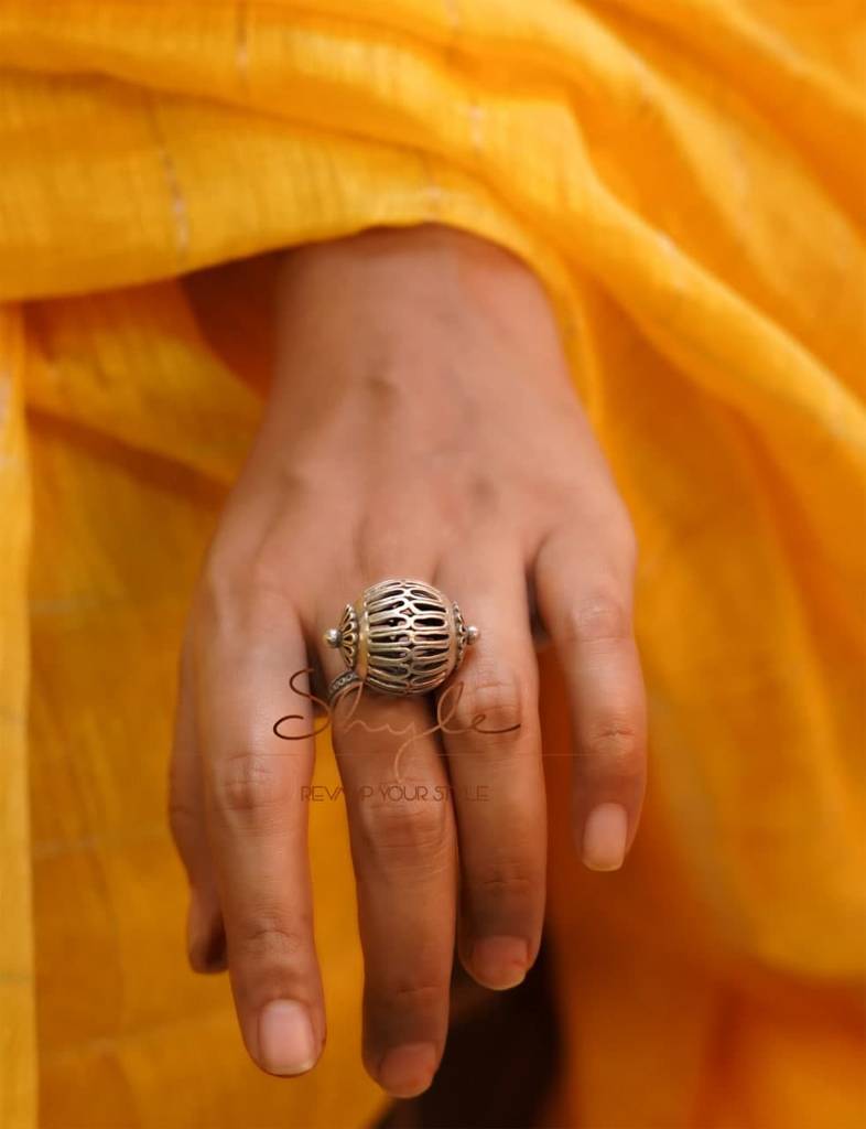 Moh Embossed Carved Statement Ring Sterling Silver Adjustable  Silver