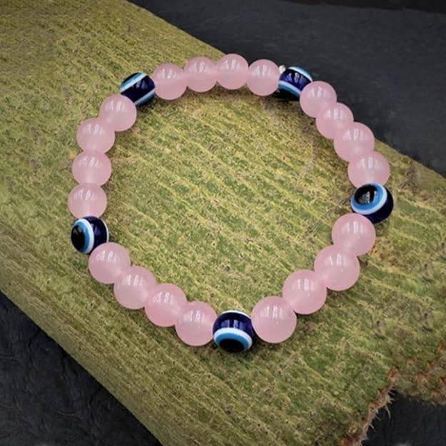 Gehena By Estele Rose Quartz & Evil Eye Bracelet For Men & Women: Elegant Rose Quartz & Blue Evil Eye Prote : OSAK010-IRPNBLBR