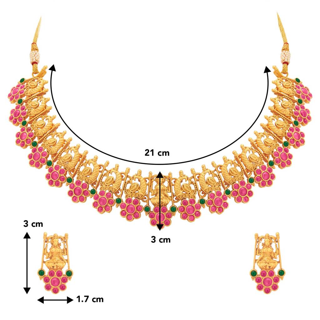 Gold Plated Traditional Temple Jewellery Goddess Laxmi Choker Necklace With Drop Earrings For Women Girls : PF10N05RG