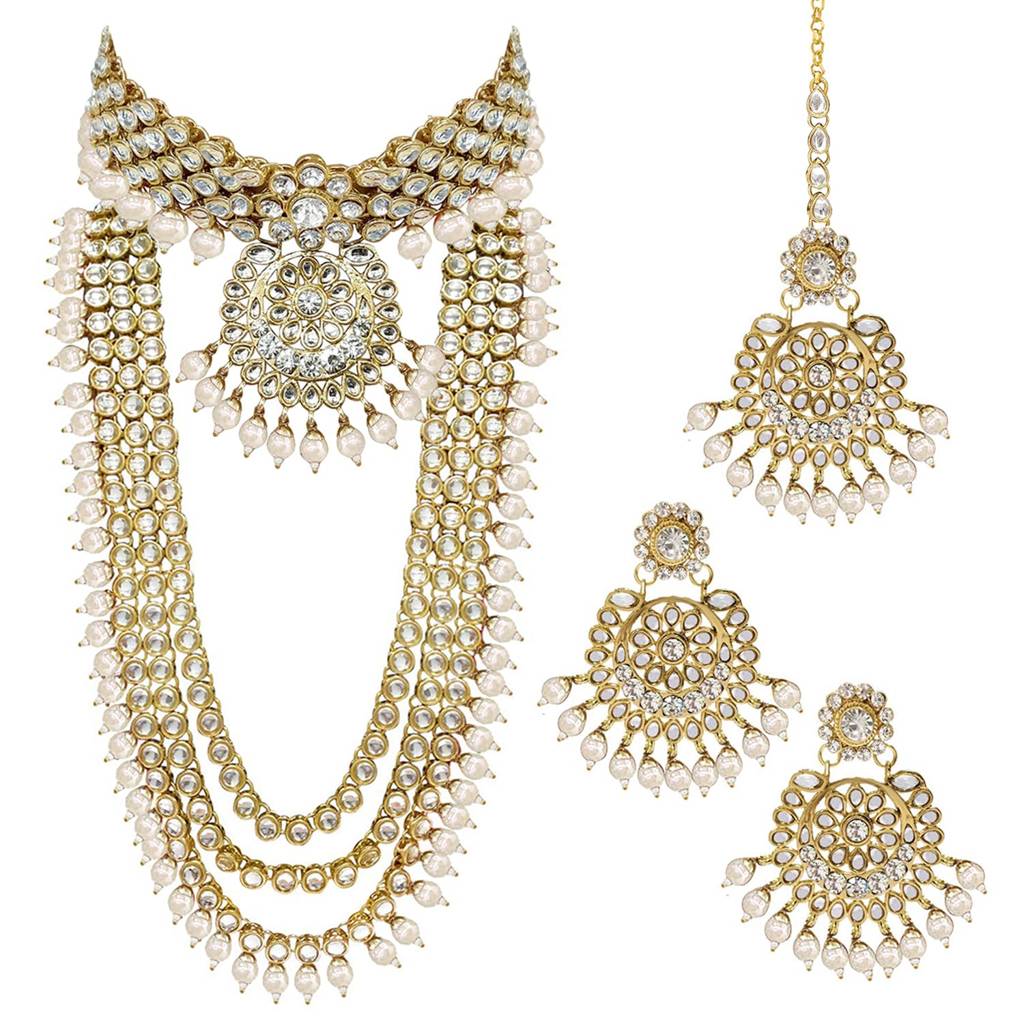 Gold Plated Kundan Faux Bead Bridal Long Necklace Choker Earrings Maangtikka Jewellery Set For Women Girls-Pf25Br : PF25BR106W