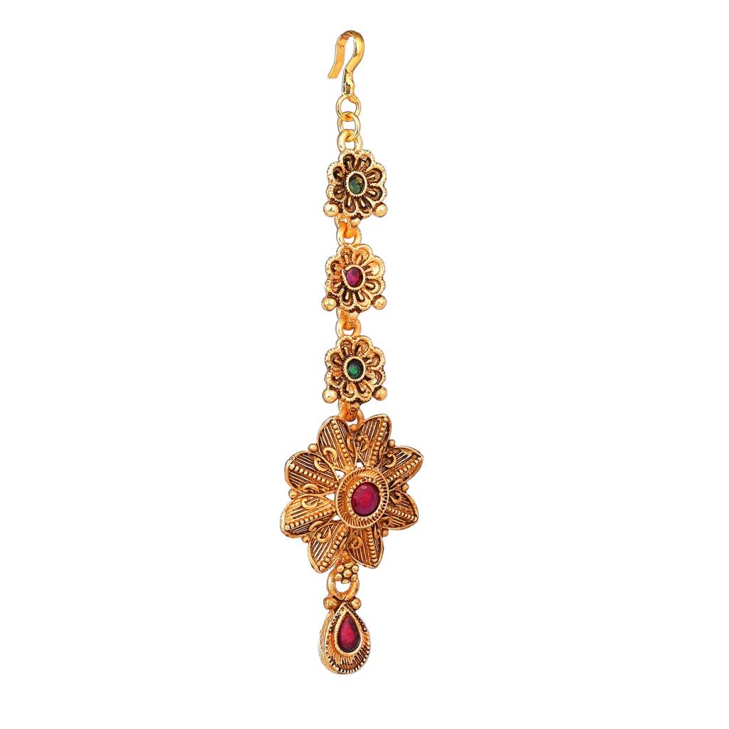 Estele Gold Plated Gorgeous Floral Matte Finish Maang Tikka With Multi-Color Crystals For Women : 036-IGGNRBTIKAA