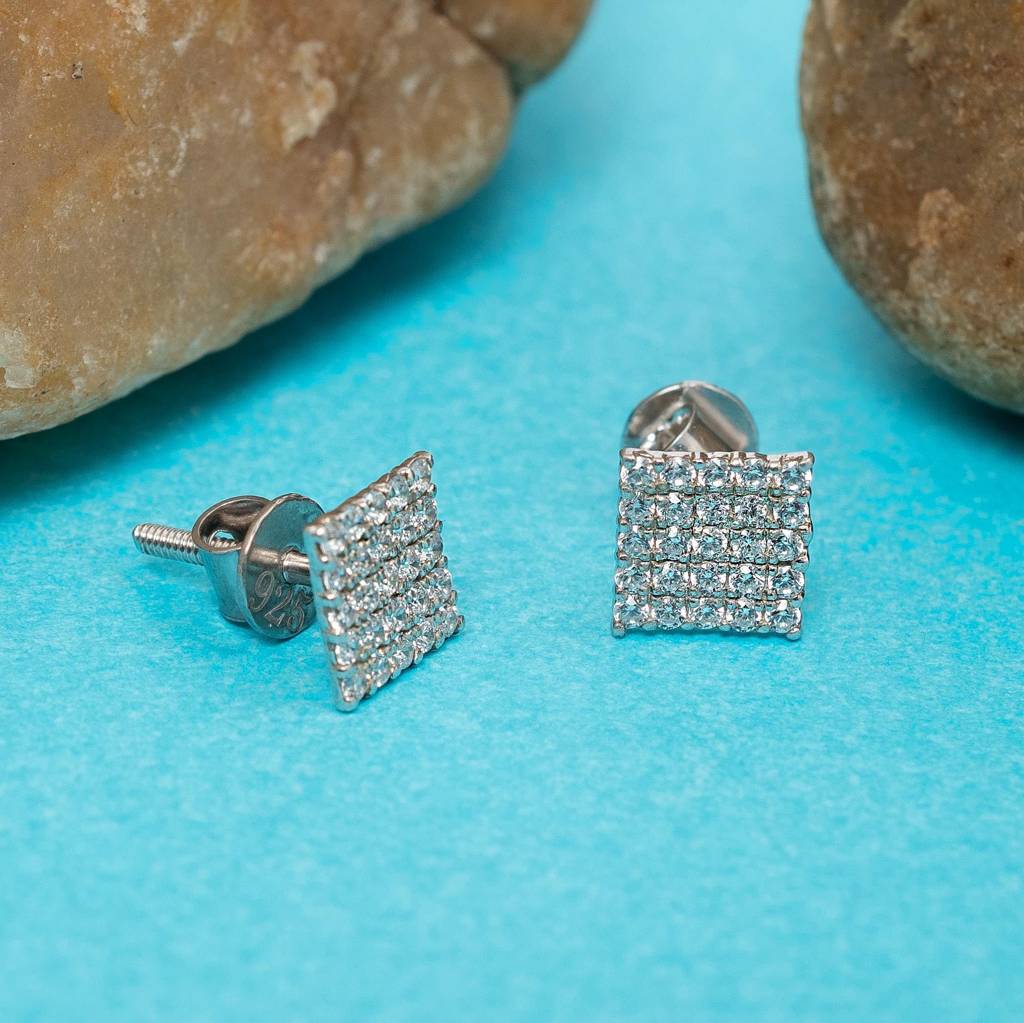 925 Silver Square Stud Earrings | Diamond Geometric Gift : SE_000901