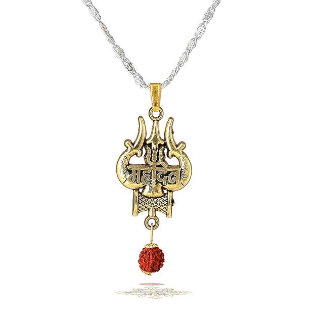 Fashion Jewelry Mahadev Damru Pendant For Men'S: Gold & Rhodium Plated Divine "Mahadev Bholenath Trishul  : OSAK006-2TNPENDANT