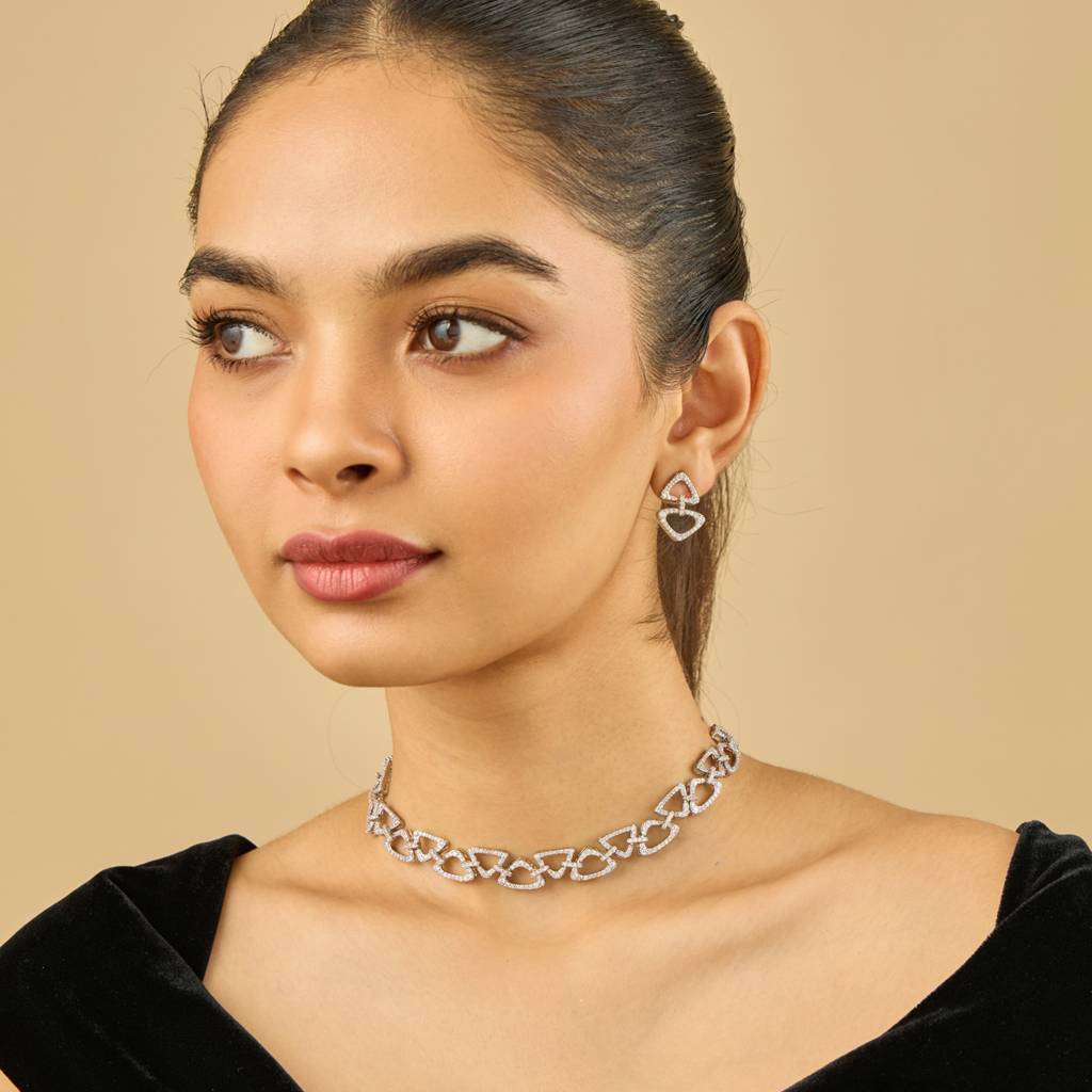 White Plated Party Zircon Necklace Set-444851 : 444851