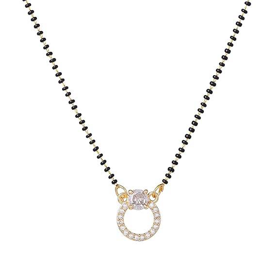 Gold Plated Opulent Circular Pendant Mangalsutra Chain With Black Beads & White Crystals For Women : OSAKMS004-IGWENK