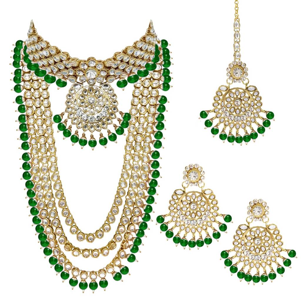 Gold Plated Kundan Faux Bead Bridal Long Necklace Choker Earrings Maangtikka Jewellery Set For Women Girls-Pf25Br : PF25BR106G