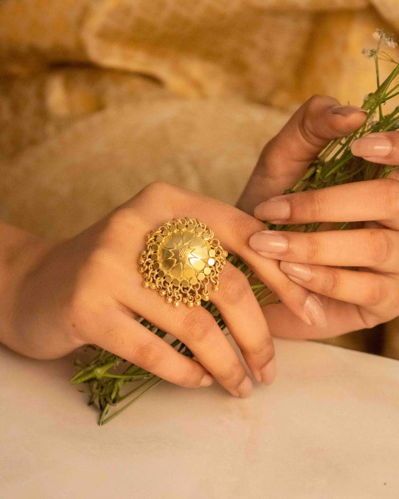 Moh Petal Motif Ghughri Gold Plated Ring : SR1026-G