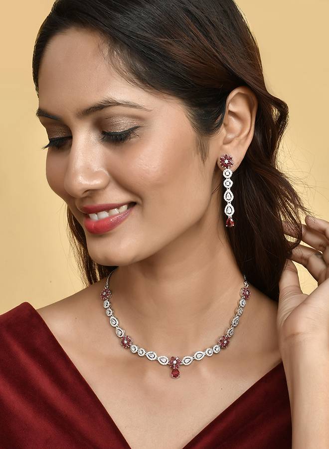 Sparkling Elegance Red And White Cz Floral Jewellery Set : 8905124498776
